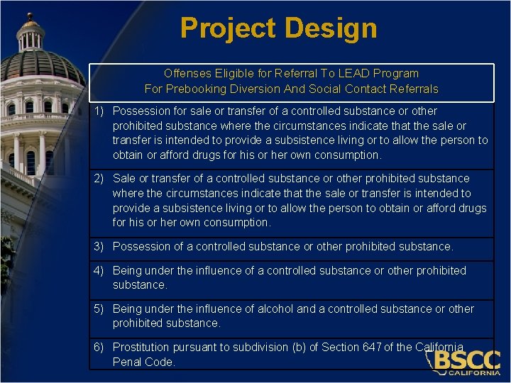 Project Design Offenses Eligible for Referral To LEAD Program For Prebooking Diversion And Social