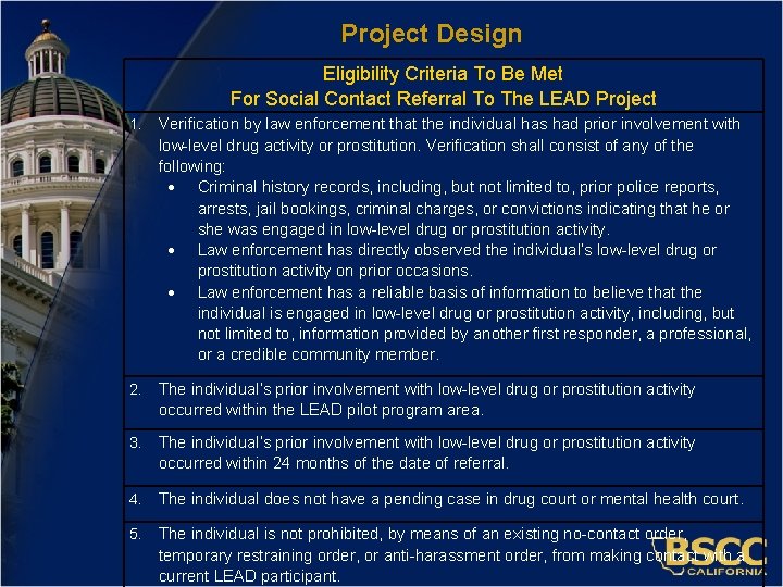 Project Design Eligibility Criteria To Be Met For Social Contact Referral To The LEAD
