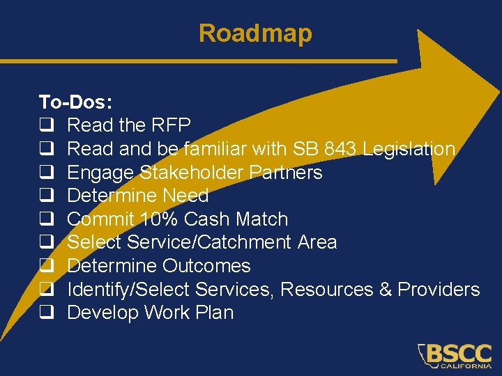 Roadmap To-Dos: q Read the RFP q Read and be familiar with SB 843