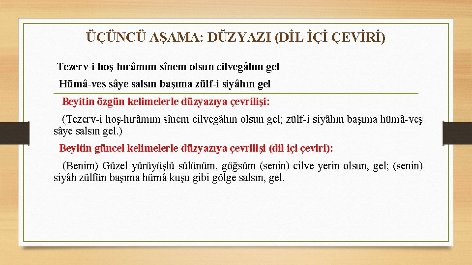 ÜÇÜNCÜ AŞAMA: DÜZYAZI (DİL İÇİ ÇEVİRİ) Tezerv-i hoş-hırâmım sînem olsun cilvegâhın gel Hümâ-veş sâye