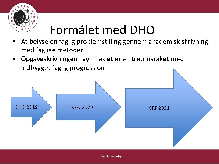 Formålet med DHO • At belyse en faglig problemstilling gennem akademisk skrivning med faglige