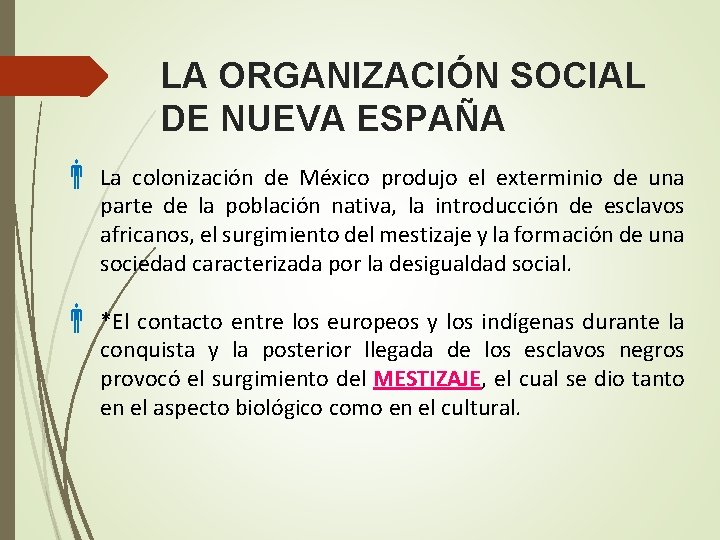 LA ORGANIZACIÓN SOCIAL DE NUEVA ESPAÑA La colonización de México produjo el exterminio de