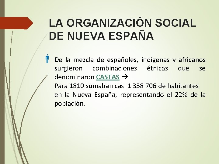 LA ORGANIZACIÓN SOCIAL DE NUEVA ESPAÑA De la mezcla de españoles, indígenas y africanos