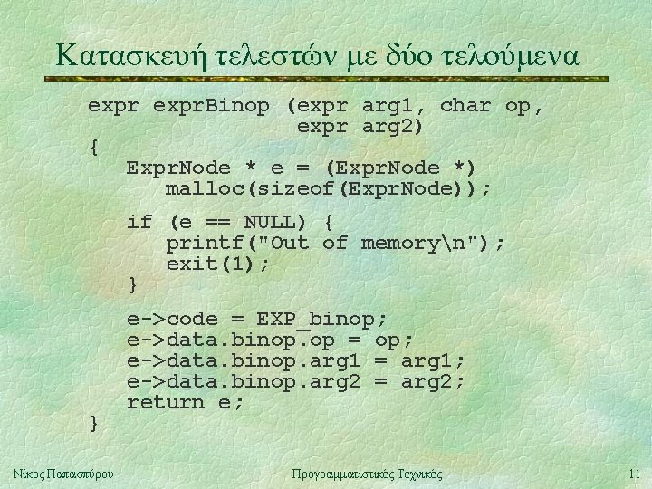 Κατασκευή τελεστών με δύο τελούμενα expr. Binop (expr arg 1, char op, expr arg