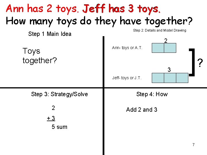 Ann has 2 toys. Jeff has 3 toys. How many toys do they have