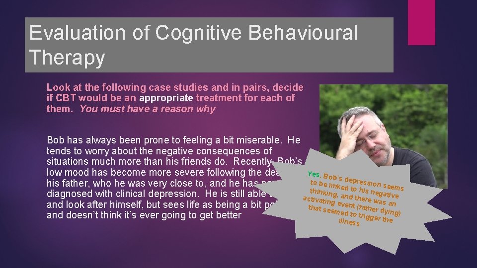 Evaluation of Cognitive Behavioural Therapy Look at the following case studies and in pairs,