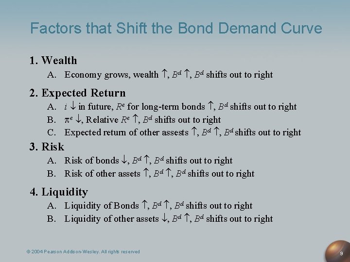 Factors that Shift the Bond Demand Curve 1. Wealth A. Economy grows, wealth ,