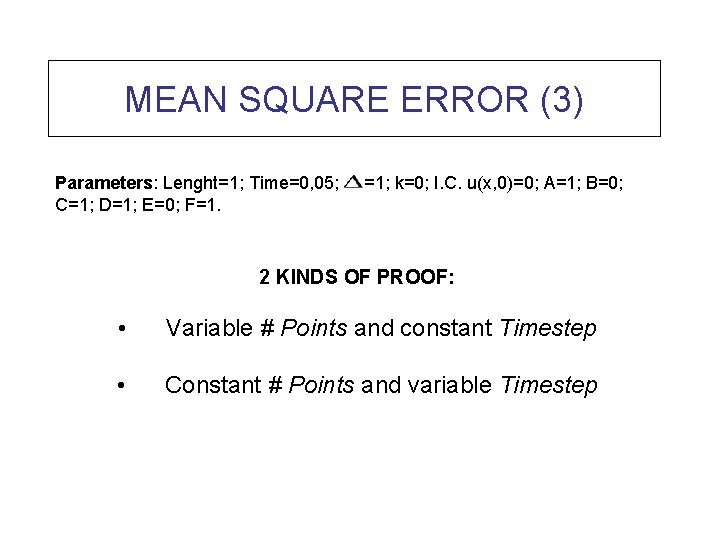MEAN SQUARE ERROR (3) Parameters: Lenght=1; Time=0, 05; C=1; D=1; E=0; F=1. =1; k=0;