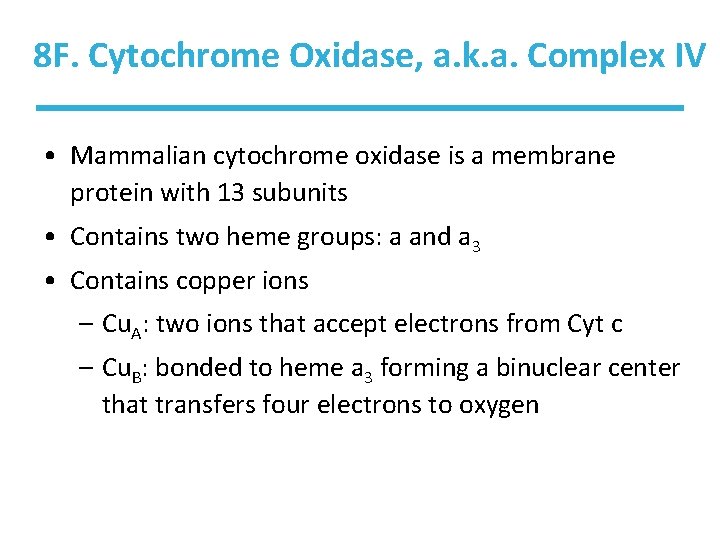 8 F. Cytochrome Oxidase, a. k. a. Complex IV • Mammalian cytochrome oxidase is