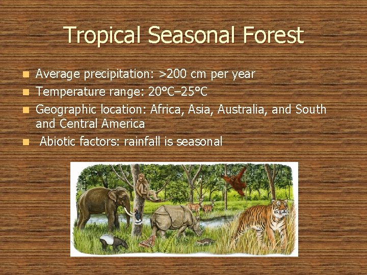 Tropical Seasonal Forest Average precipitation: >200 cm per year n Temperature range: 20°C– 25°C