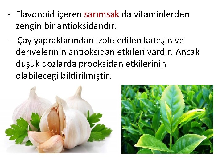 - Flavonoid içeren sarımsak da vitaminlerden zengin bir antioksidandır. - Çay yapraklarından izole edilen