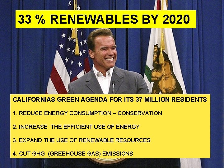 33 % RENEWABLES BY 2020 CALIFORNIAS GREEN AGENDA FOR ITS 37 MILLION RESIDENTS 1.