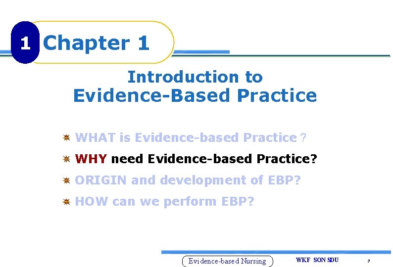 1 Chapter 1 Introduction to Evidence-Based Practice WHAT is Evidence-based Practice？ WHY need Evidence-based