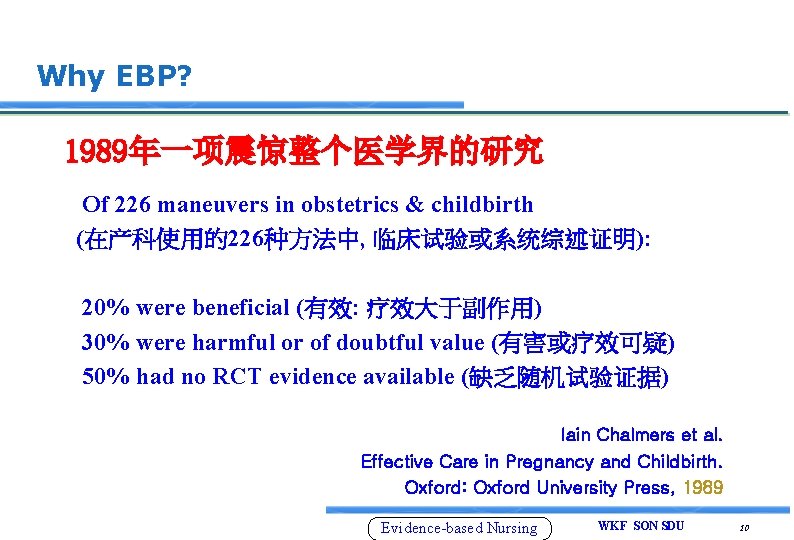 Why EBP? 1989年一项震惊整个医学界的研究 Of 226 maneuvers in obstetrics & childbirth (在产科使用的226种方法中, 临床试验或系统综述证明): 20% were
