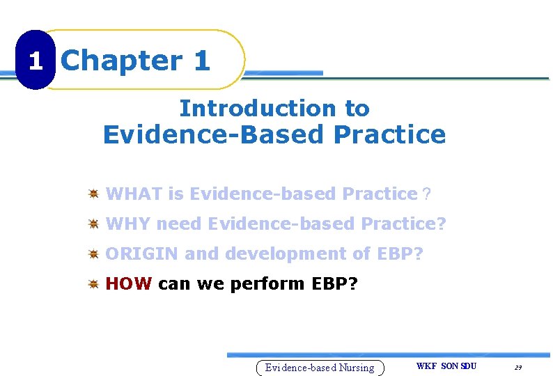 1 Chapter 1 Introduction to Evidence-Based Practice WHAT is Evidence-based Practice？ WHY need Evidence-based