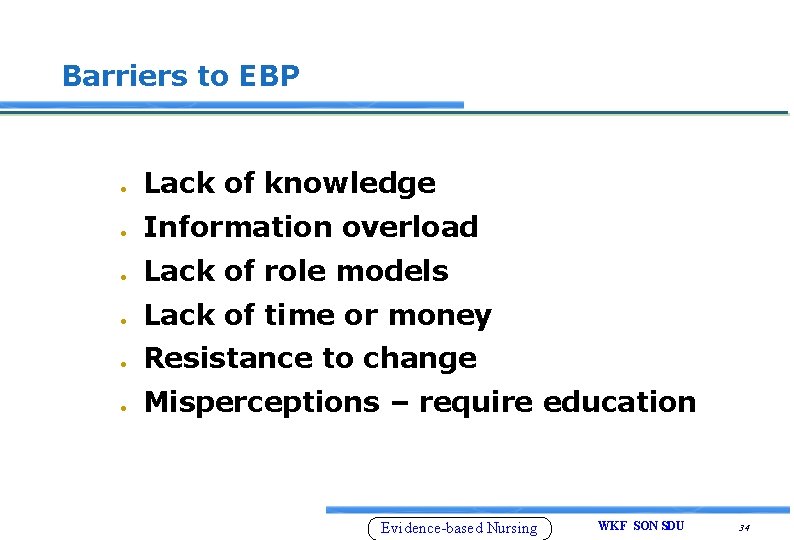 Barriers to EBP Lack of knowledge Information overload Lack of role models Lack of