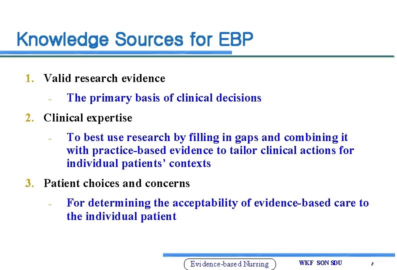 Knowledge Sources for EBP 1. Valid research evidence The primary basis of clinical decisions