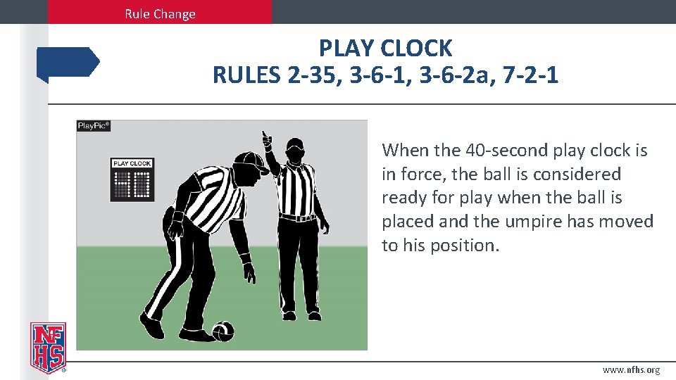 Rule Change PLAY CLOCK RULES 2 -35, 3 -6 -1, 3 -6 -2 a,