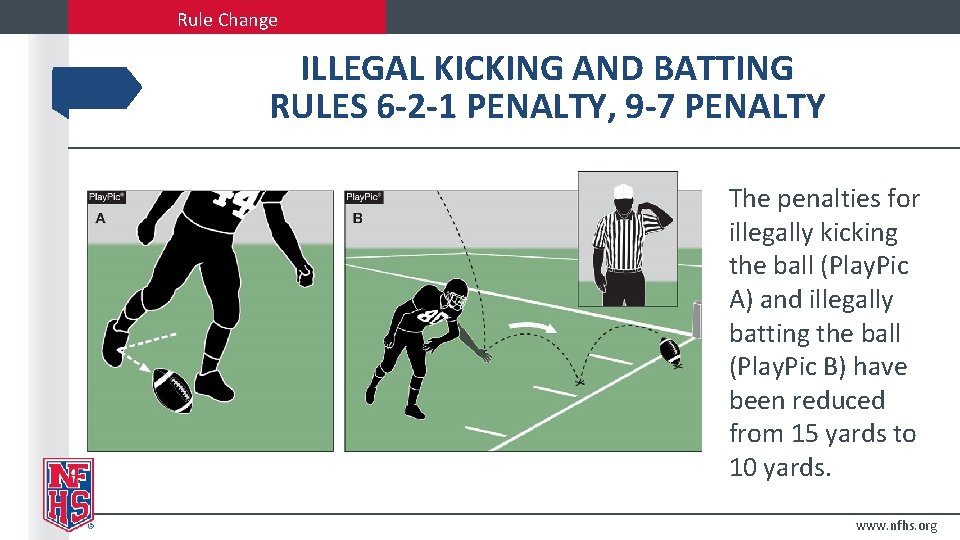 Rule Change ILLEGAL KICKING AND BATTING RULES 6 -2 -1 PENALTY, 9 -7 PENALTY