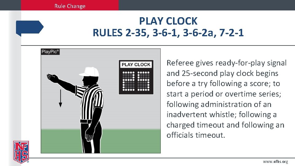 Rule Change PLAY CLOCK RULES 2 -35, 3 -6 -1, 3 -6 -2 a,