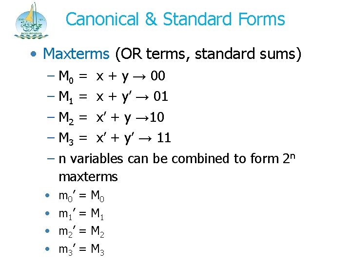 Canonical & Standard Forms • Maxterms (OR terms, standard sums) – M 0 =