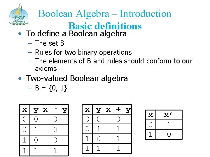 Boolean Algebra – Introduction Basic definitions • To define a Boolean algebra – The