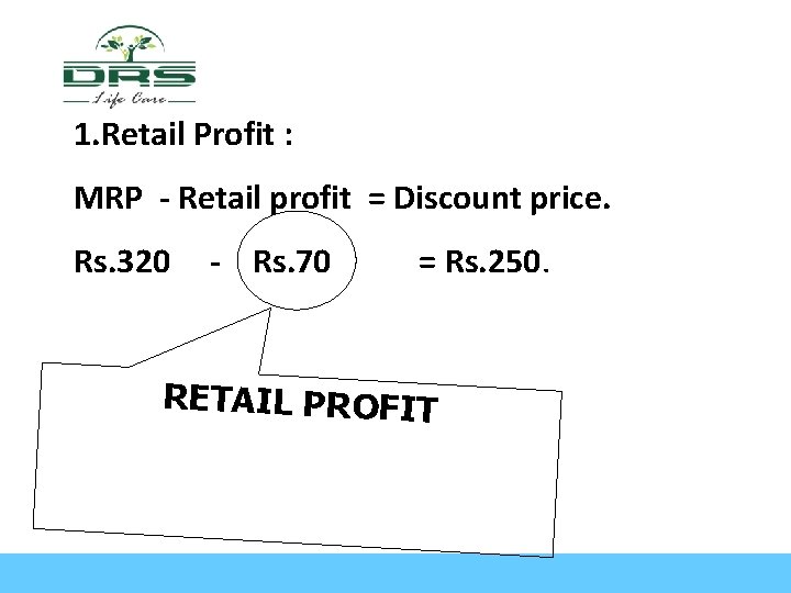 1. Retail Profit : MRP - Retail profit = Discount price. Rs. 320 -