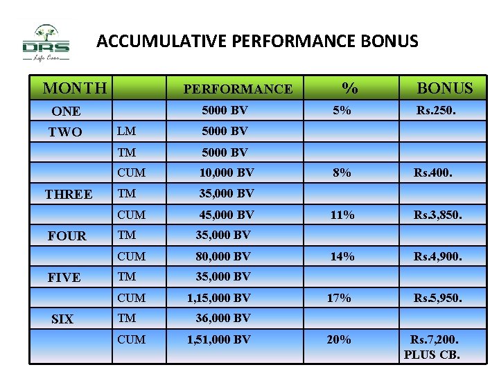 ACCUMULATIVE PERFORMANCE BONUS MONTH ONE TWO THREE FOUR FIVE PERFORMANCE 5000 BV LM 5000