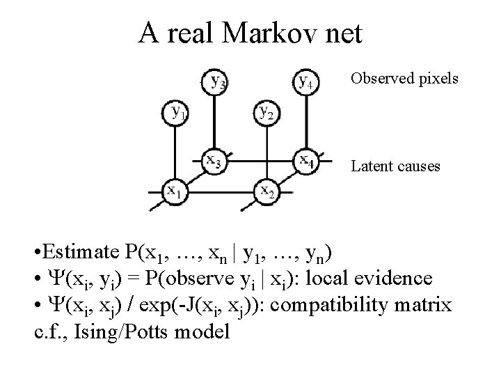 A real Markov net Observed pixels Latent causes • Estimate P(x 1, …, xn