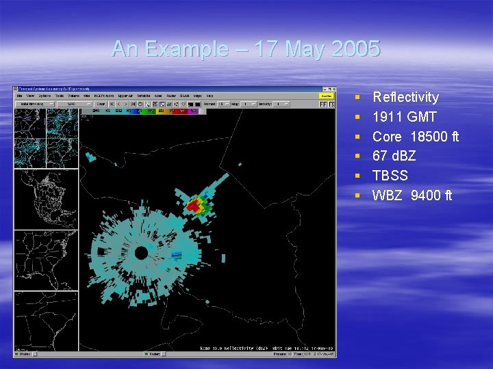 An Example – 17 May 2005 § § § Reflectivity 1911 GMT Core 18500