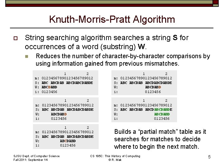 Knuth-Morris-Pratt Algorithm o String searching algorithm searches a string S for occurrences of a
