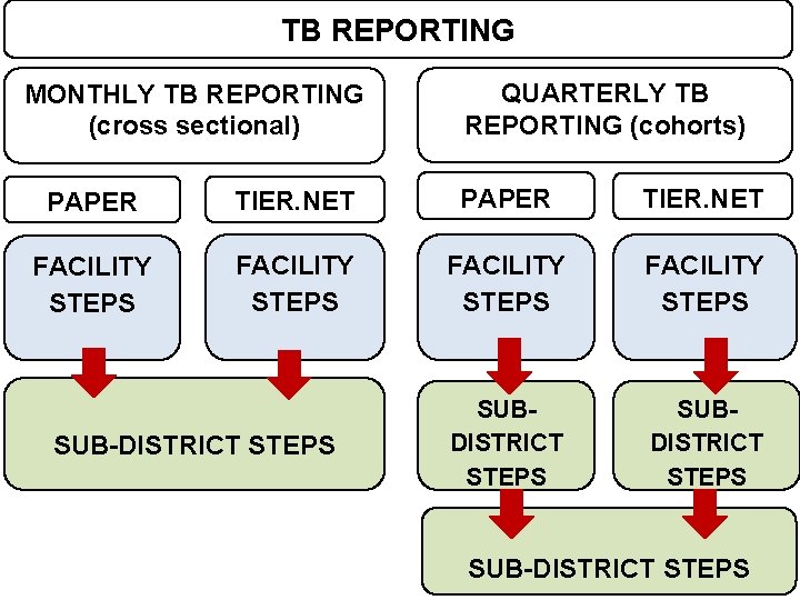 Data sets TB REPORTING MONTHLY TB REPORTING (cross sectional) QUARTERLY TB REPORTING (cohorts) PAPER