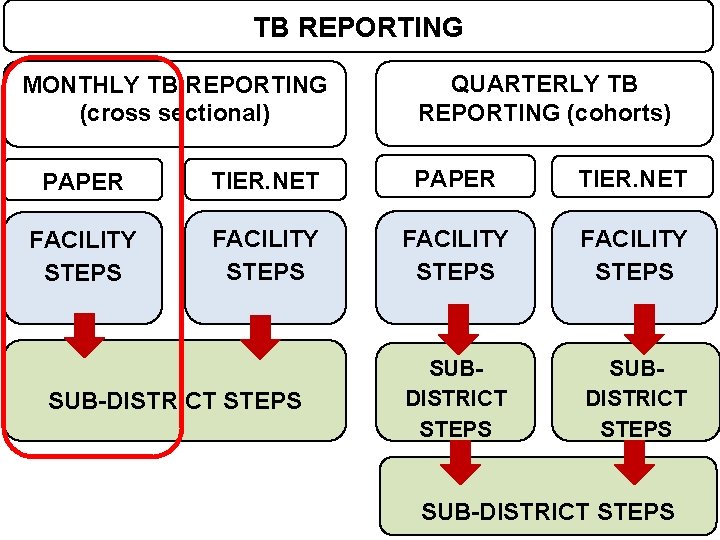 Data sets TB REPORTING MONTHLY TB REPORTING (cross sectional) QUARTERLY TB REPORTING (cohorts) PAPER