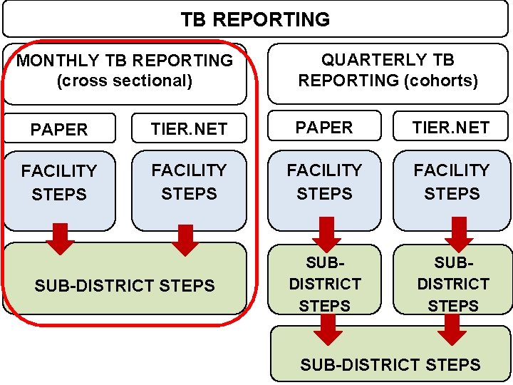 Data sets TB REPORTING MONTHLY TB REPORTING (cross sectional) QUARTERLY TB REPORTING (cohorts) PAPER