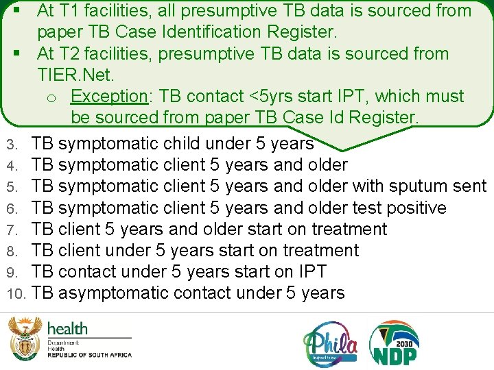 § At T 1 facilities, all presumptive TB data is sourced from paper TB