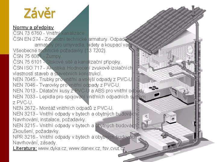 Závěr Normy a předpisy ČSN 73 6760 - Vnitřní kanalizace. ČSN EN 274 -
