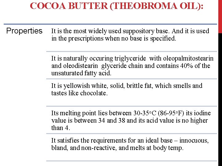 COCOA BUTTER (THEOBROMA OIL): Properties It is the most widely used suppository base. And