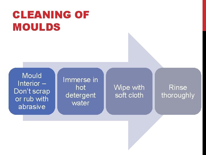 CLEANING OF MOULDS Mould Interior – Don’t scrap or rub with abrasive Immerse in
