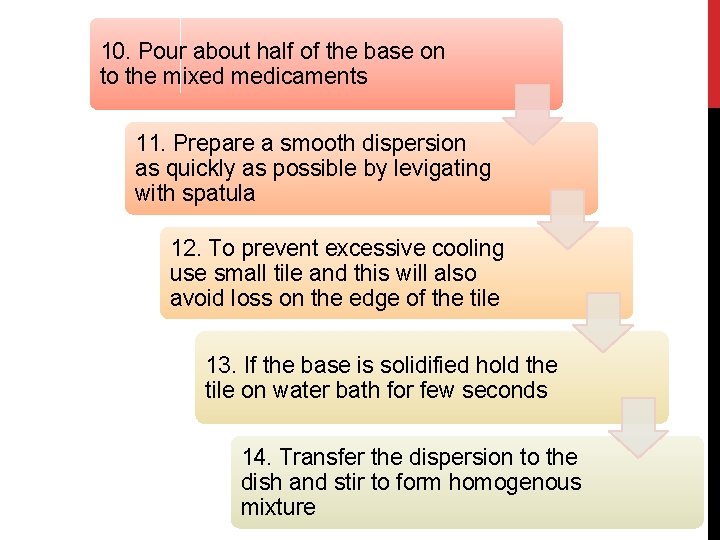 10. Pour about half of the base on to the mixed medicaments 11. Prepare