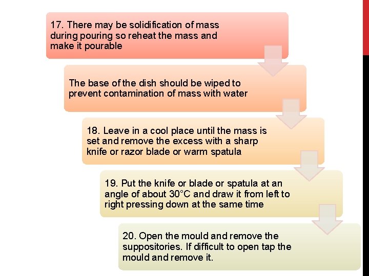 17. There may be solidification of mass during pouring so reheat the mass and