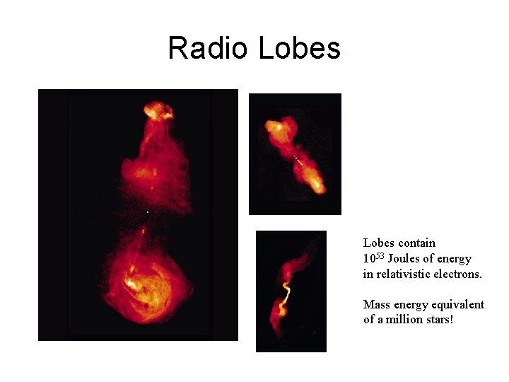 Radio Lobes contain 1053 Joules of energy in relativistic electrons. Mass energy equivalent of