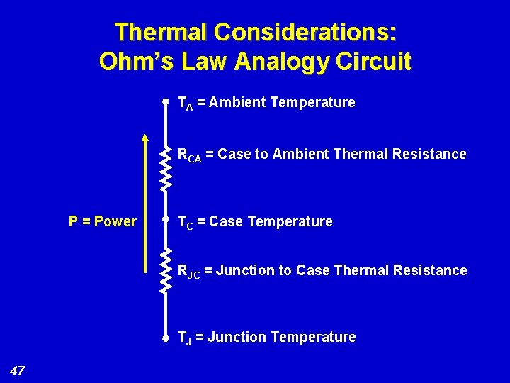 Thermal Considerations: Ohm’s Law Analogy Circuit TA = Ambient Temperature RCA = Case to