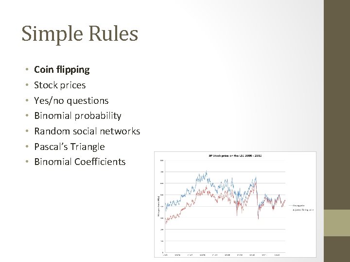 Simple Rules • • Coin flipping Stock prices Yes/no questions Binomial probability Random social Simple Rules • • Coin flipping Stock prices Yes/no questions Binomial probability Random social