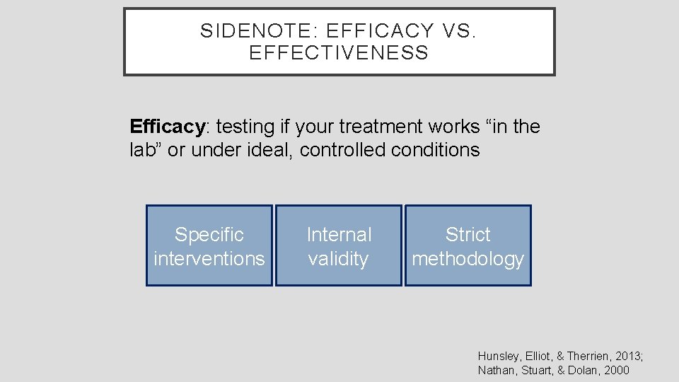 SIDENOTE: EFFICACY VS. EFFECTIVENESS Efficacy: testing if your treatment works “in the lab” or