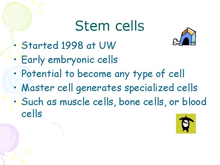 Stem cells • • • Started 1998 at UW Early embryonic cells Potential to