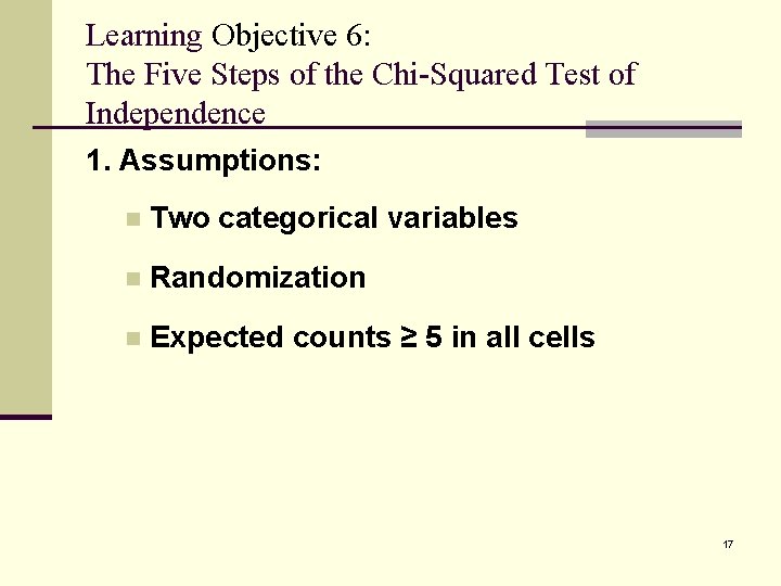 Learning Objective 6: The Five Steps of the Chi-Squared Test of Independence 1. Assumptions: