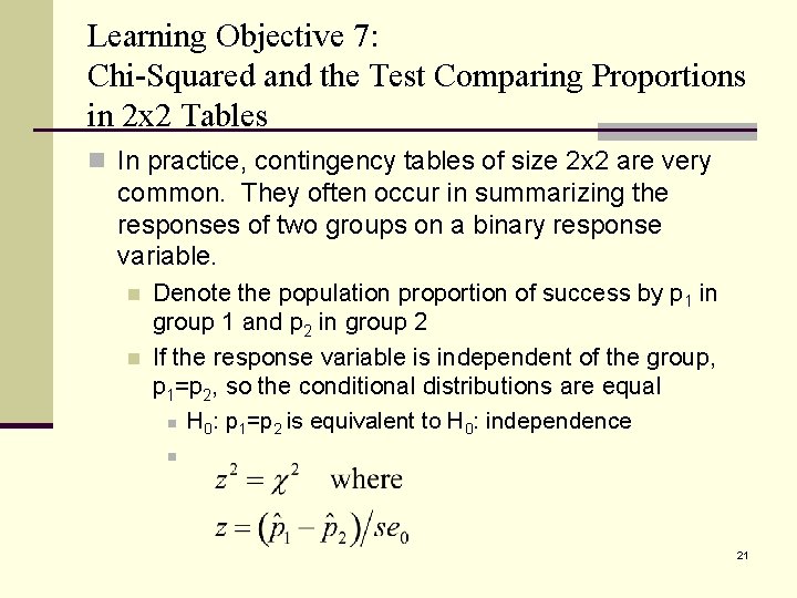 Learning Objective 7: Chi-Squared and the Test Comparing Proportions in 2 x 2 Tables