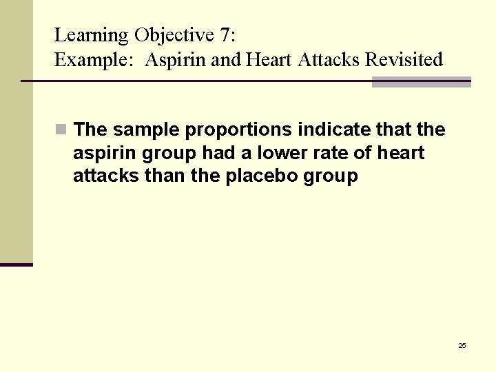 Learning Objective 7: Example: Aspirin and Heart Attacks Revisited n The sample proportions indicate