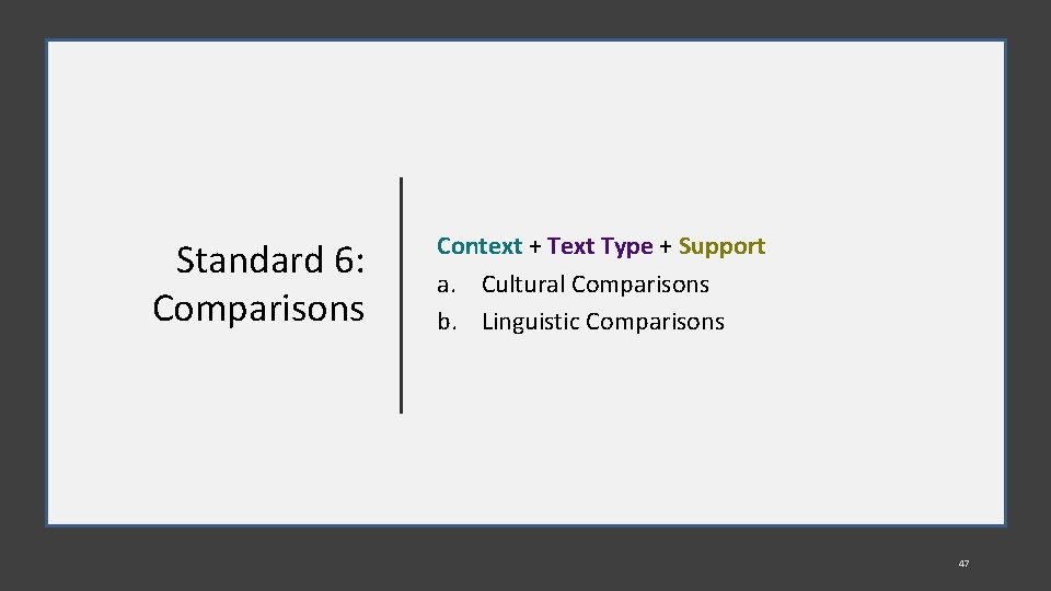 Standard 6: Comparisons Context + Text Type + Support a. Cultural Comparisons b. Linguistic
