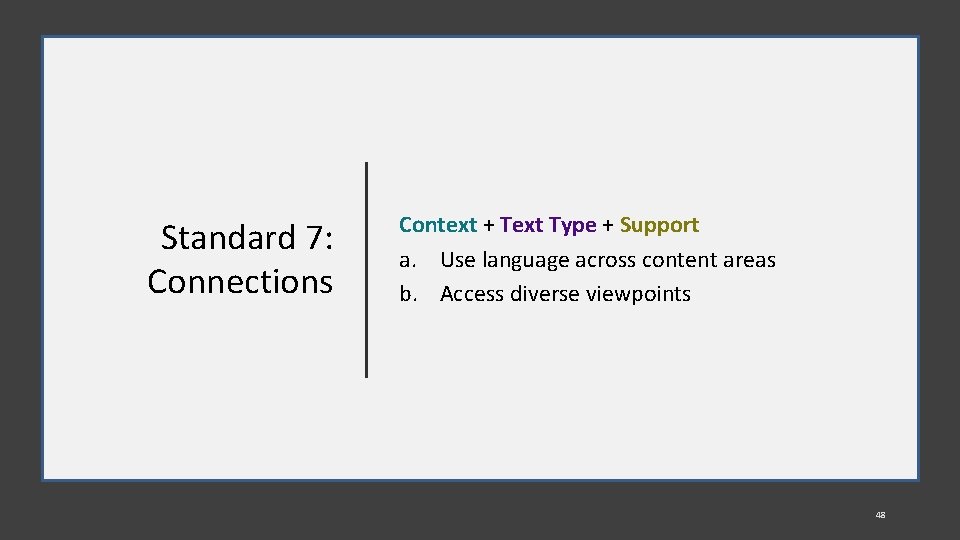 Standard 7: Connections Context + Text Type + Support a. Use language across content